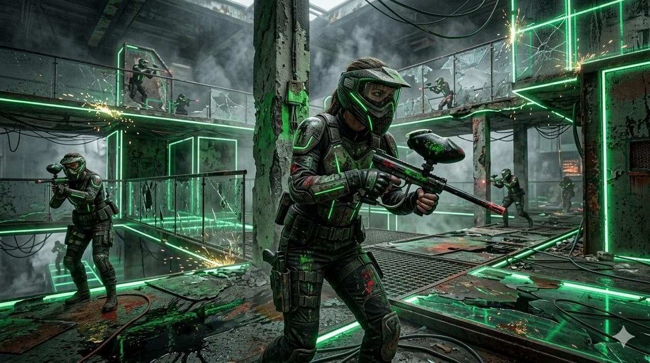 The Block paintball arena — neon-lit tactical combat zone